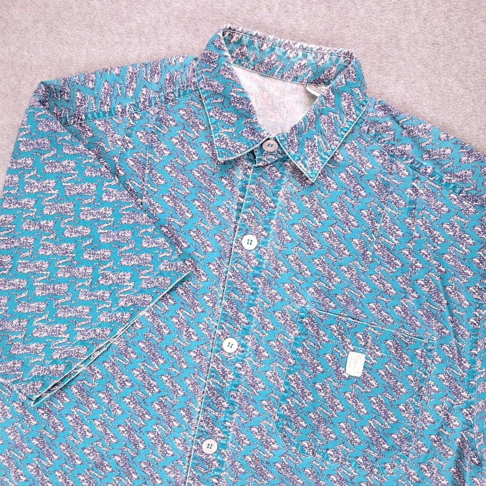 Rusty Button Up Shirt Mens Small Teal Geometric Abstract Short Sleeve WM2759
